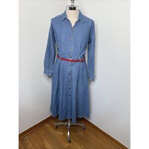 Vintage Denim Dress L 13/14 Western Midi Blue Jean Button Front Belt Cowgirl USA